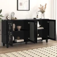 Credenza Moderna con Specchio e Maniglie di Cristallo, 4 Ante e Ripiani Mobili per Soggiorno e Cucina, 160x40x84 cm, Nero