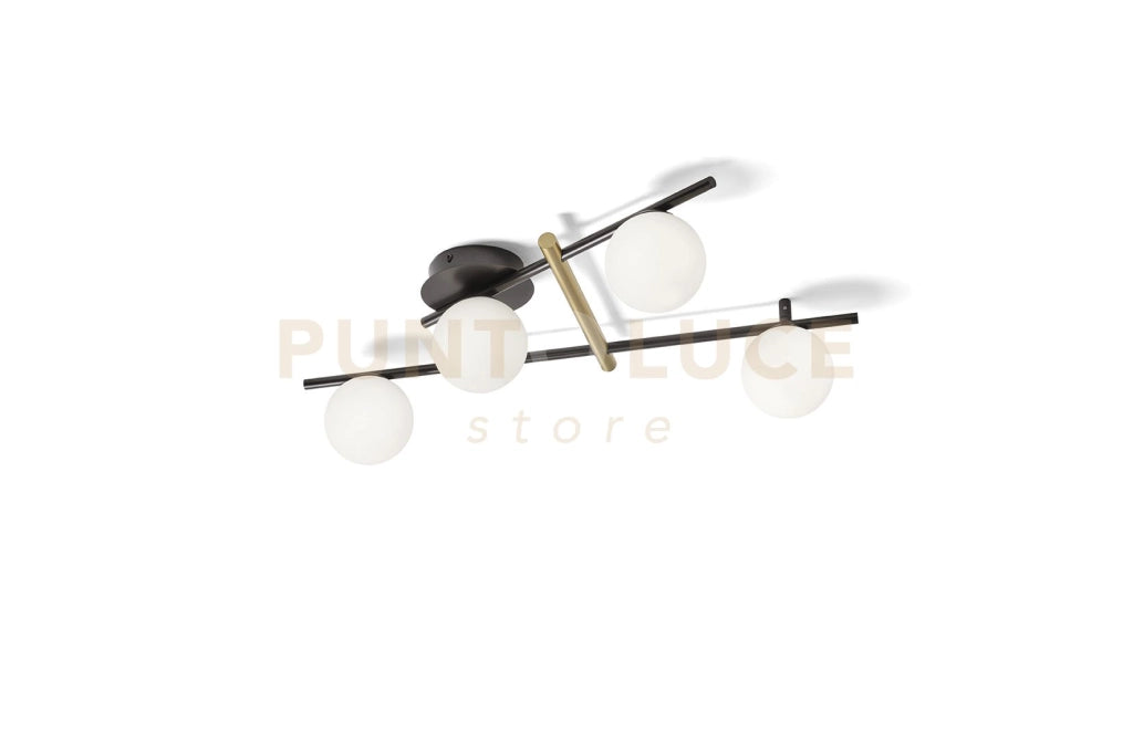 KIKA LAMPADA DA SOFFITTO 4 LUCI VETRO BIANCO STRUTTURA NERA PARTICOLARI ORO ATTACCO G9