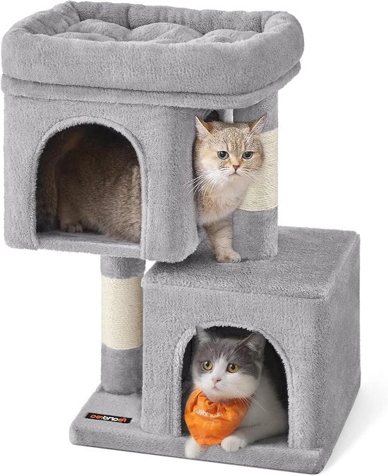 Casa per Gatti in Legno 67cm per Gatti fino a 3kg Grande Piattaforma con Paline in Sisal colore Grigio chiaro PCT611W01