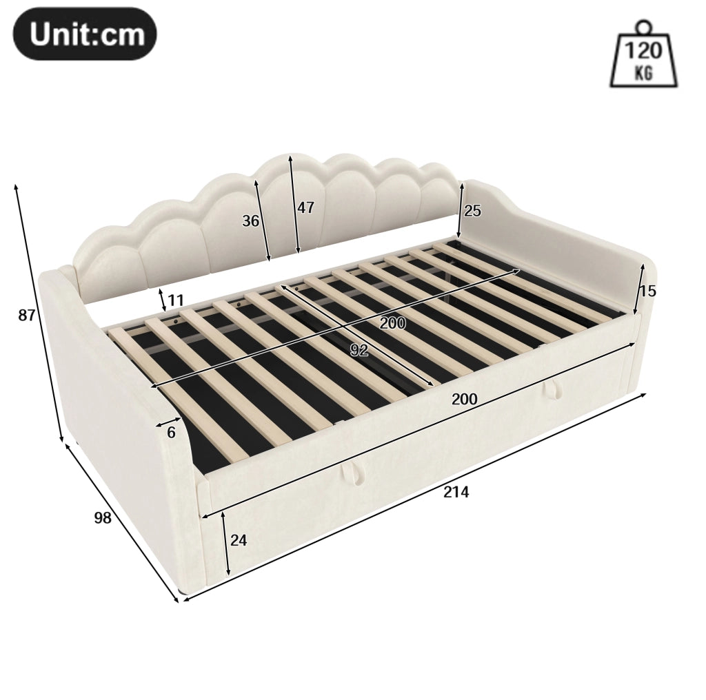 Divano letto con contenitore e LED, in velluto beige, 90x200 cm