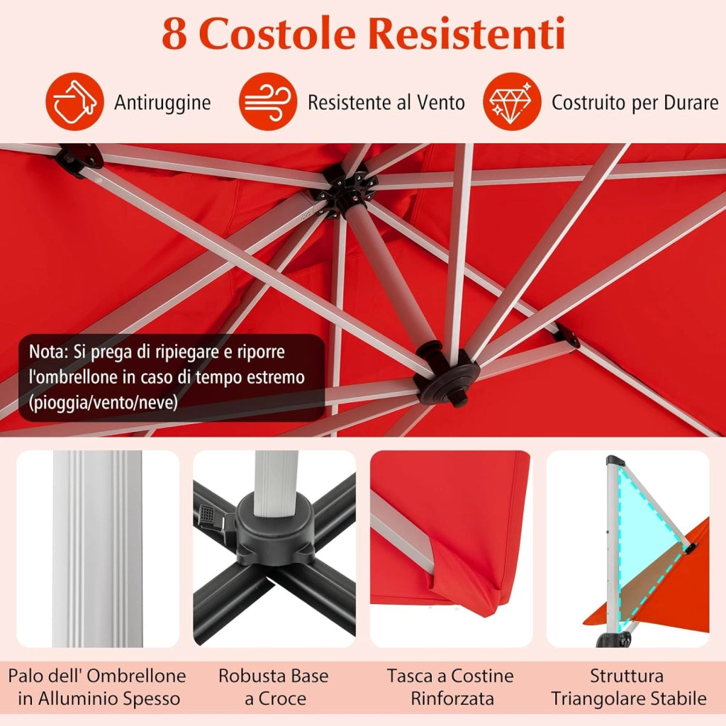 Ombrellone da Giardino, con Base Incrociata, Ombrellone Quadrato da Esterno con Palo in Alluminio e Girevole a 360°, Manovella e Inclinazione Regolabile, 300 x 300 cm (Arancione)