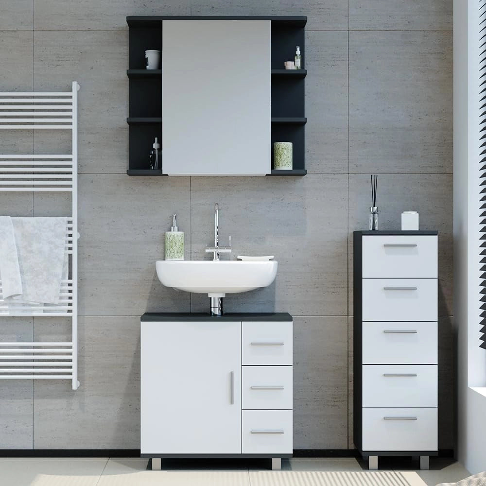 Set mobili bagno Ilias, Antracite, 60 cm, composto da mobile sottolavabo, specchiera e mobile medio