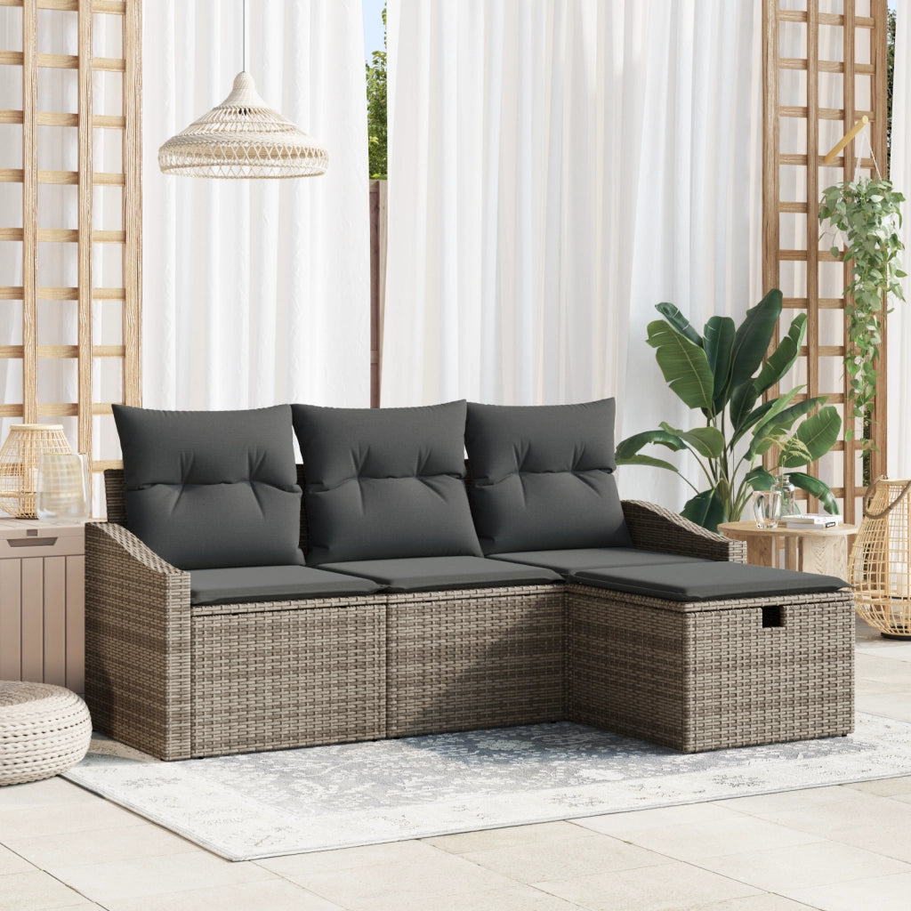 Set divano da giardino a 4 pezzi con cuscini grigio polirattan