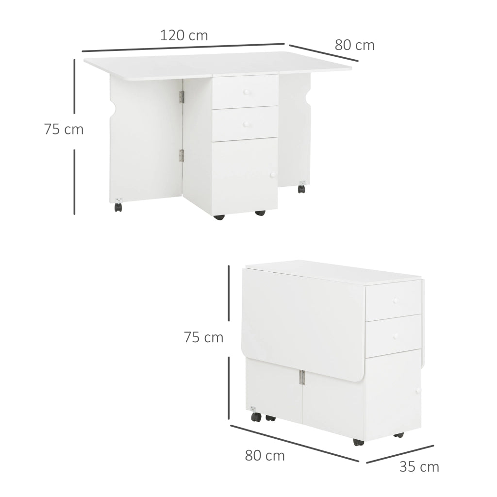 Tavolo Pieghevole da Pranzo con Cassetti e Ruote ¨C Zephmum ¨C Bianco 120x80x75 cm