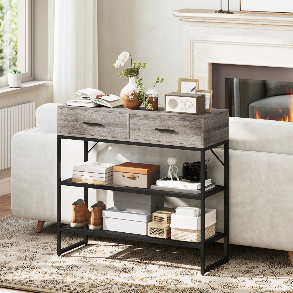 Consolle da Ingresso con Cassetti e Appendiabiti ¨C zephmum ¨C Legno e Metallo, 100x35x92 cm, Nero