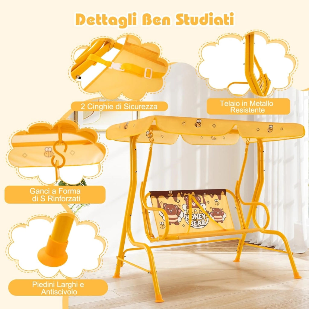 Altalena da Esterno per Bambini, Panchina a Dondolo a 2 Posti con Struttura in Metallo, Tetto Regolabile e Cinture di Sicurezza, per Bambini 3+Anni, Portata 80 kg (Giallo)