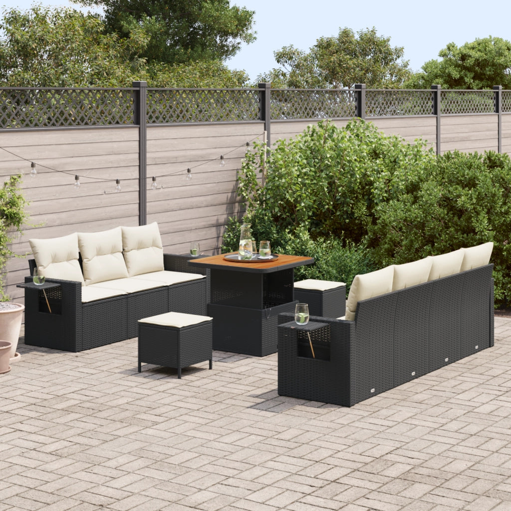 Set da Divano da Giardino  10 Pezzi con Cuscini Nero Polyrattan Acacia