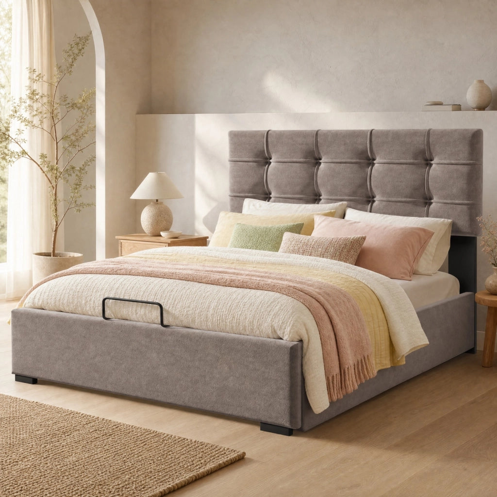 Letto imbottito 90x200 con testiera regolabile e contenitore salvaspazio
