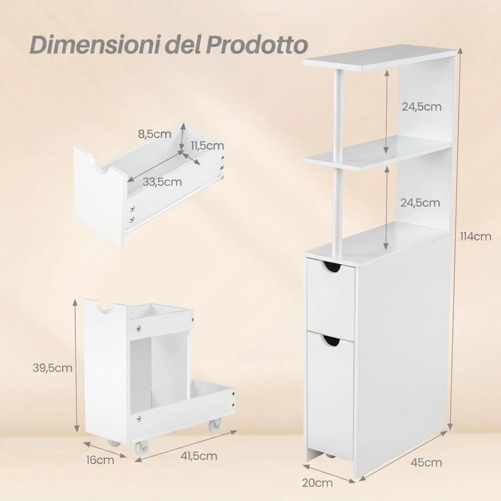 Mobile da Bagno Salvaspazio, Mobiletto Stretto e Autoportante con Ripiani Aperti, Cassetto Scorrevole e Carrello Estraibile, Mobiletto a Terra in Legno per Cucina, 45 × 20 × 114 cm