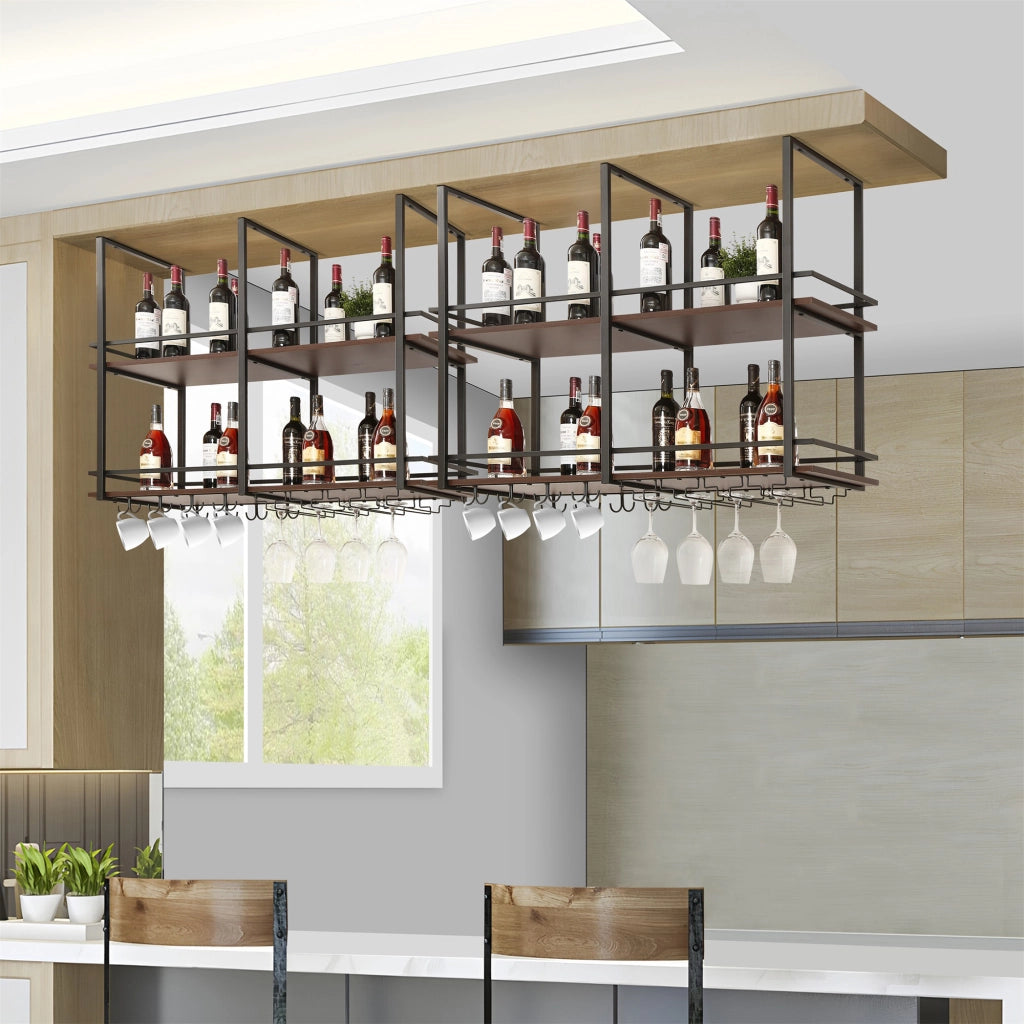 Portabottiglie Sospeso da Soffitto Hubro con Binari per Calici e Ganci per Tazze 120x30x85 cm Nero/Effetto Noce [en.casa]