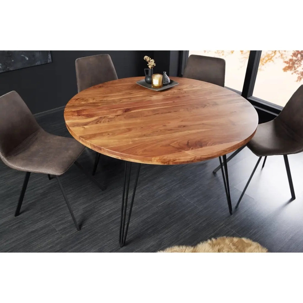 Tavolo da pranzo SILVA – Legno massiccio di acacia e metallo nero – 120 cm – Piano spesso 45 mm – Stile industriale