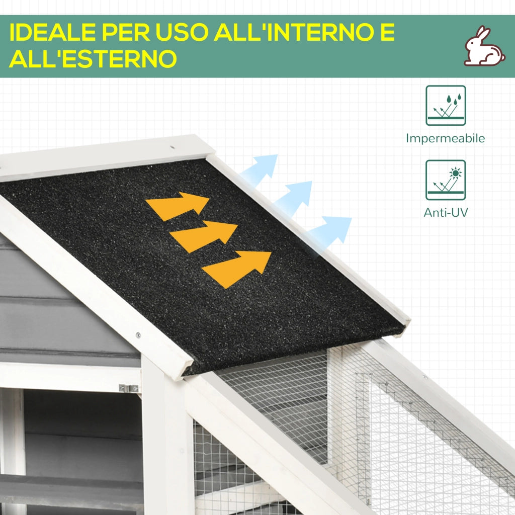 EasyComfort Conigliera in Legno con Area Aperta e Rampa, Gabbia per Conigli con Fondo Estraibile e Porte, 140x65x120 cm, Grigia