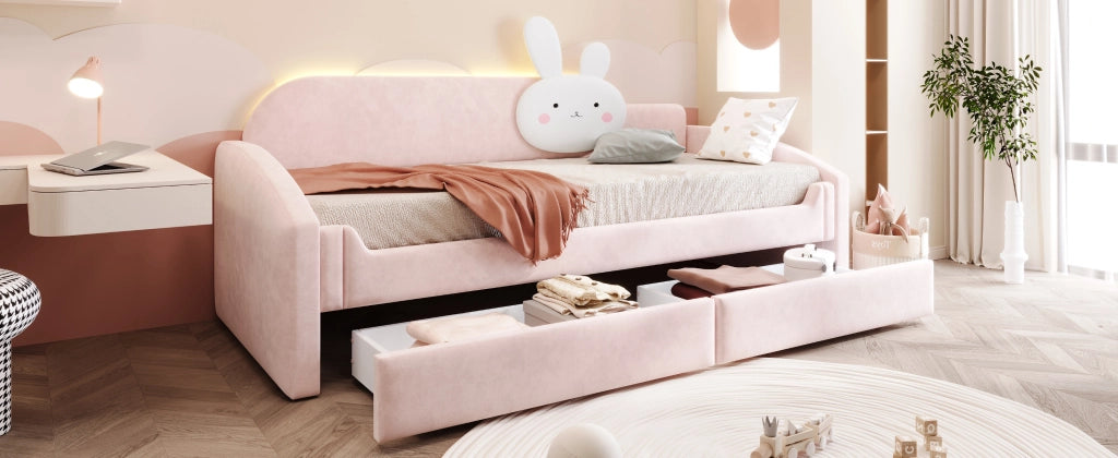 DESMIU Letto per bambini 90 × 200 cm con 2 cassetti, LED e cuscino coniglio, senza materasso, in velluto, rosa