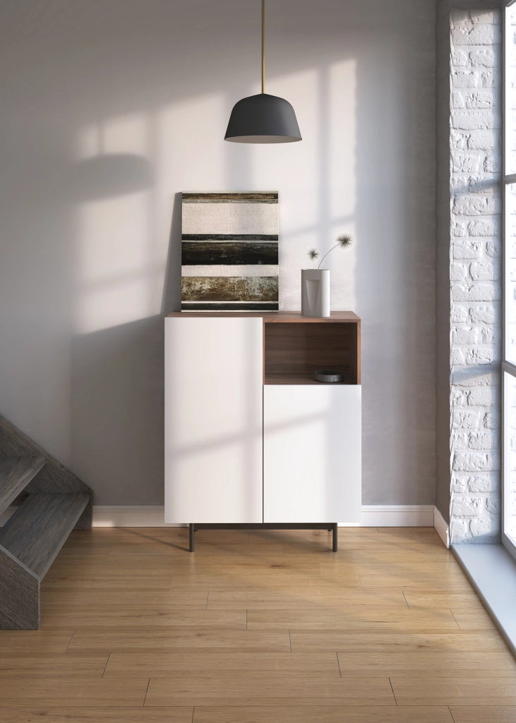 Credenza 1 vano Herdasa effetto noce e bianco gambe grafite 110x90x34