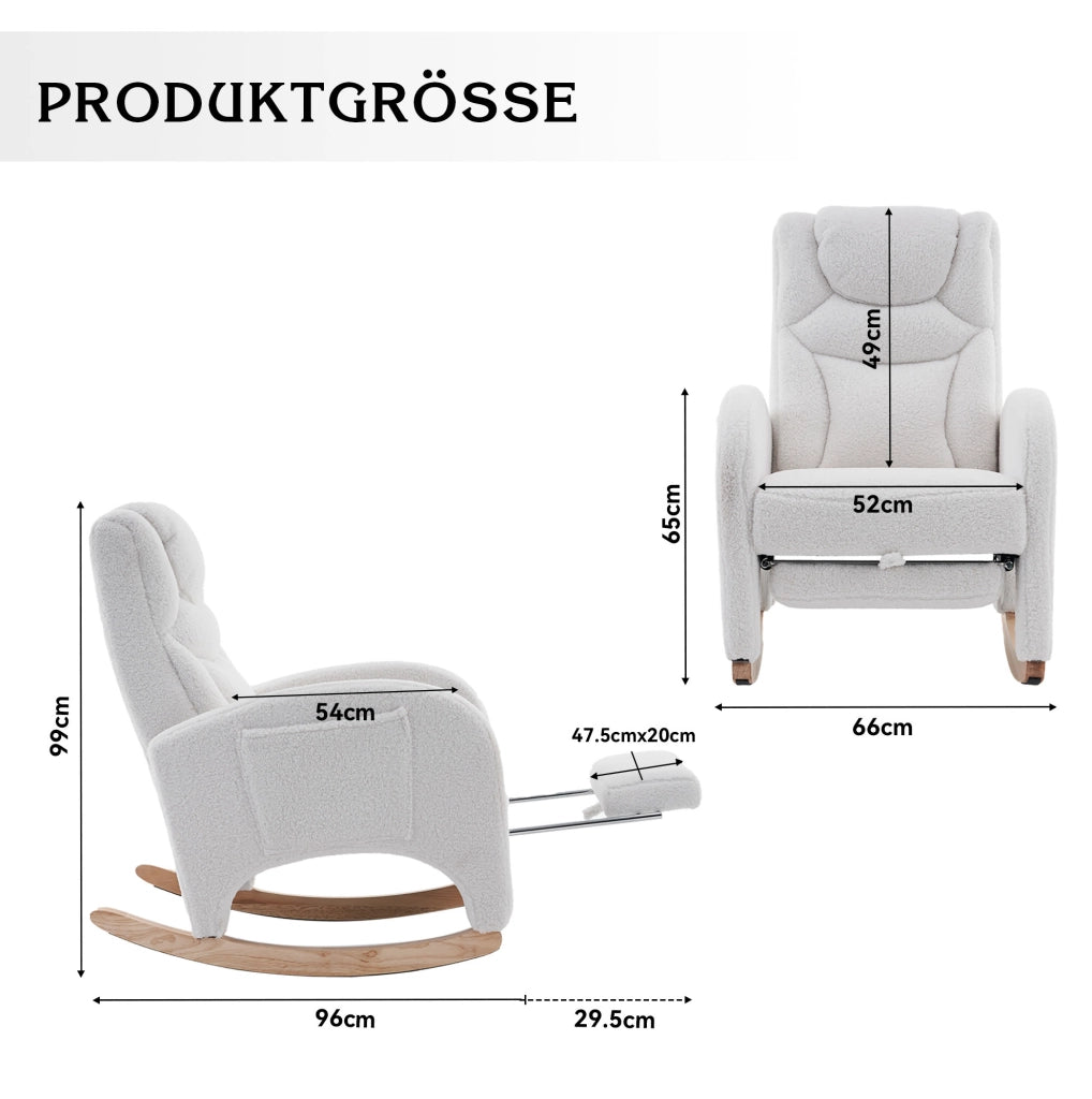 Sedia a dondolo 66x125x101 cm con poggiatesta e poggiapiedi pieghevole in teddy bianco