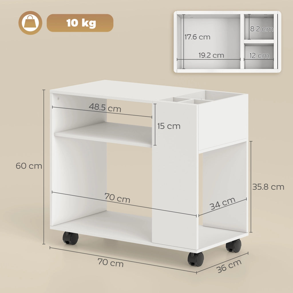 Tavolino da Salotto con Ruote, Vani Aperti, Ripiano e Scomparto, 70x36x60 cm, Bianco