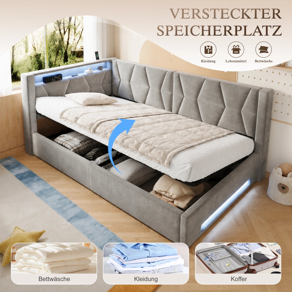 LETTO Contenitore 90x200 cm in velluto grigio scuro con LED, USB e Type-C