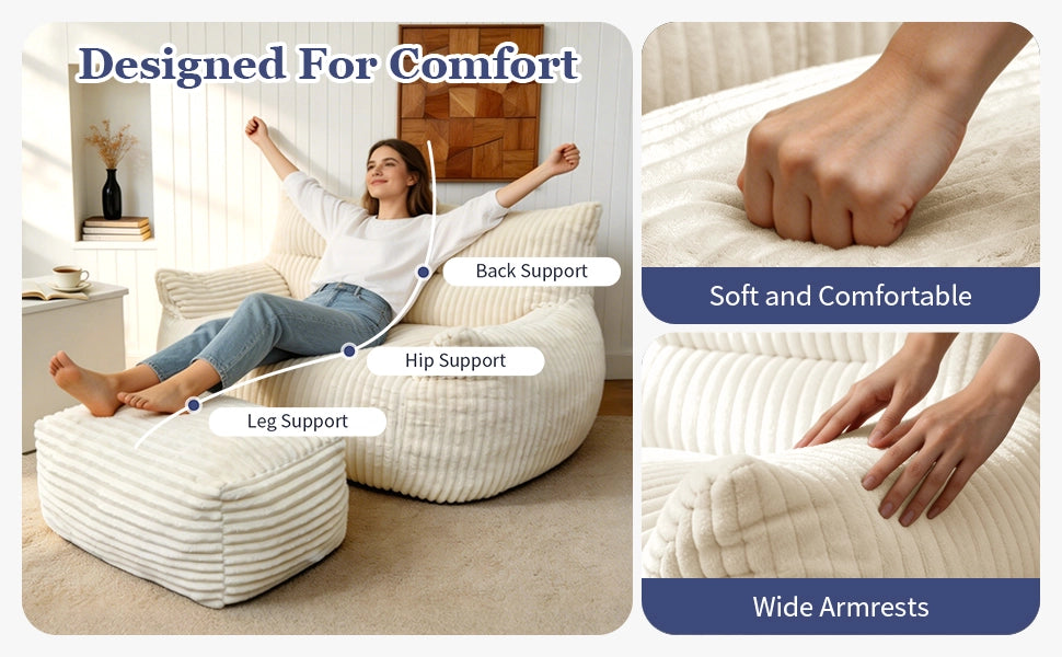 Pouf oversize in flanella con design ergonomico e imbottitura in memory foam per soggiorno e camera, bianco