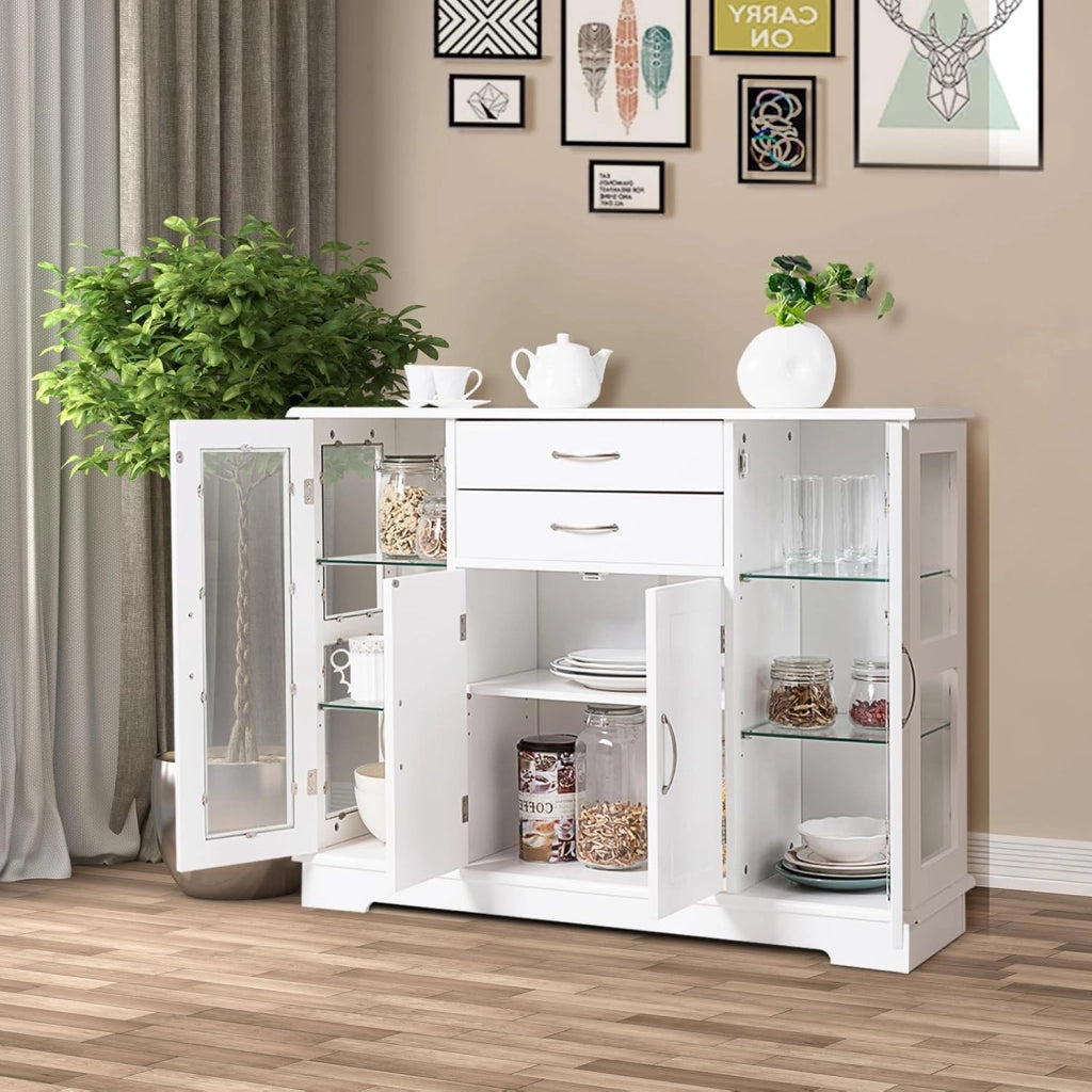 Credenza da cucina in legno, armadio a buffet multiuso con ante e ripiani in vetro temperato, mobile ausiliario per sala da pranzo, soggiorno, bagno, 107 x 30 x 81 cm