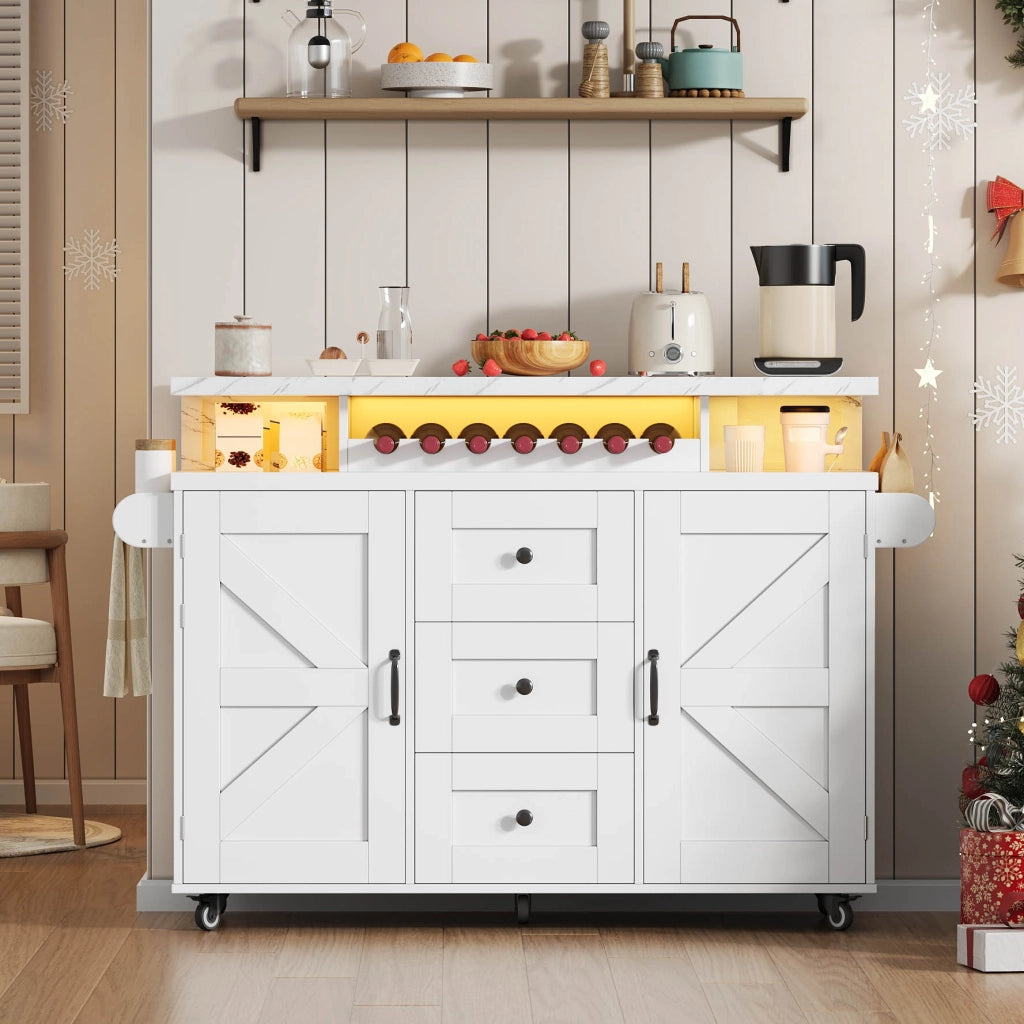 Isola da Cucina con 2 Ante; 3 Cassetti; Piano Pieghevole e LED; in MDF; 138x60x93 cm; Bianco