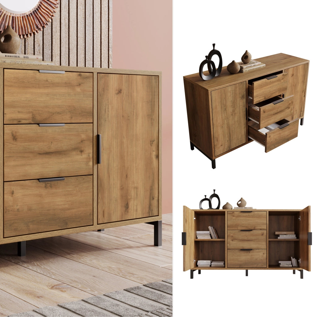 Cassettiera con 2 Ante e 3 Cassetti con Ripiano Regolabile; Stile Industriale; in Pannelli; Rovere Scuro; 120??40??76 cm