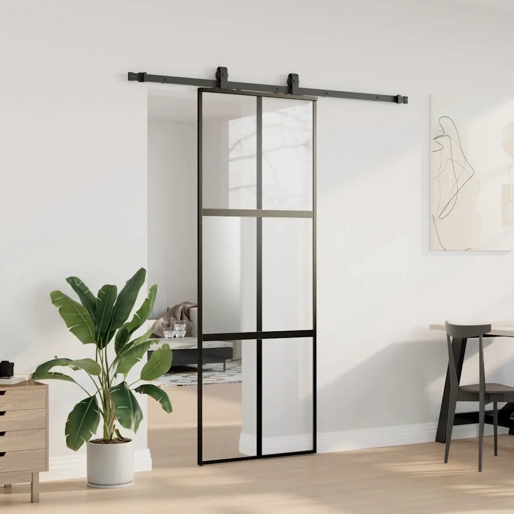 Porta Scorrevole Set Ferramenta Nera 76x205 cm Vetro Temperato 3375823
