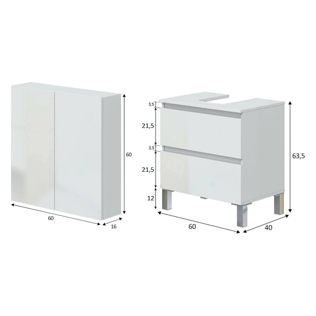 Capizzi, set Mobili Bagno 2 Cassetti, Bianco Lucido