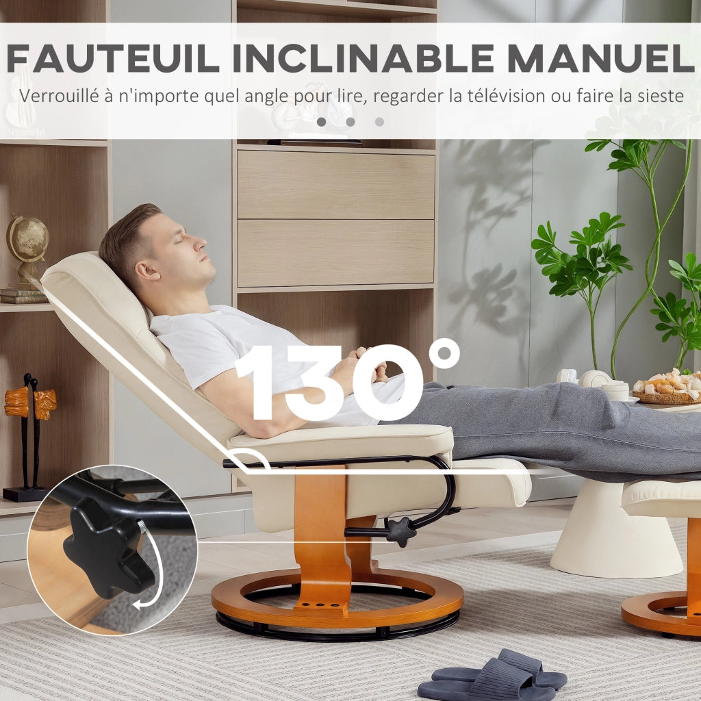 Poltrona relax reclinabile girevole in legno con poggiapiedi ¨C zephmum ¨C similpelle crema