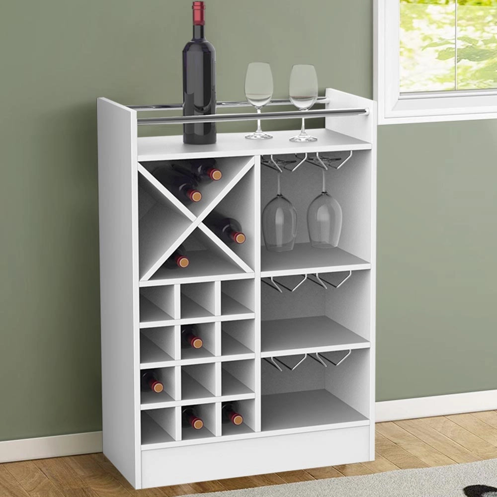 Mobile Bar Cantinetta per 20 Bottiglie Vino 96x64,5x35 cm con Porta Calici in Legno Bianco