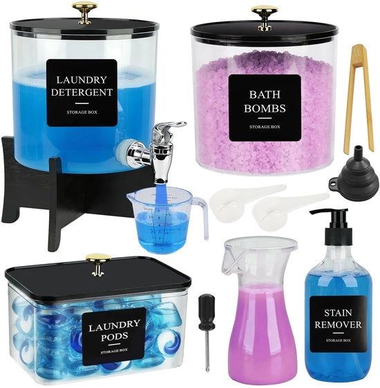 Set di archiviazione 5 pezzi - Contenitore per prodotti liquidi - Dispensatore per detersivo - Misurino - Etichette - Materiale antimuffa - Contenitore per detersivo