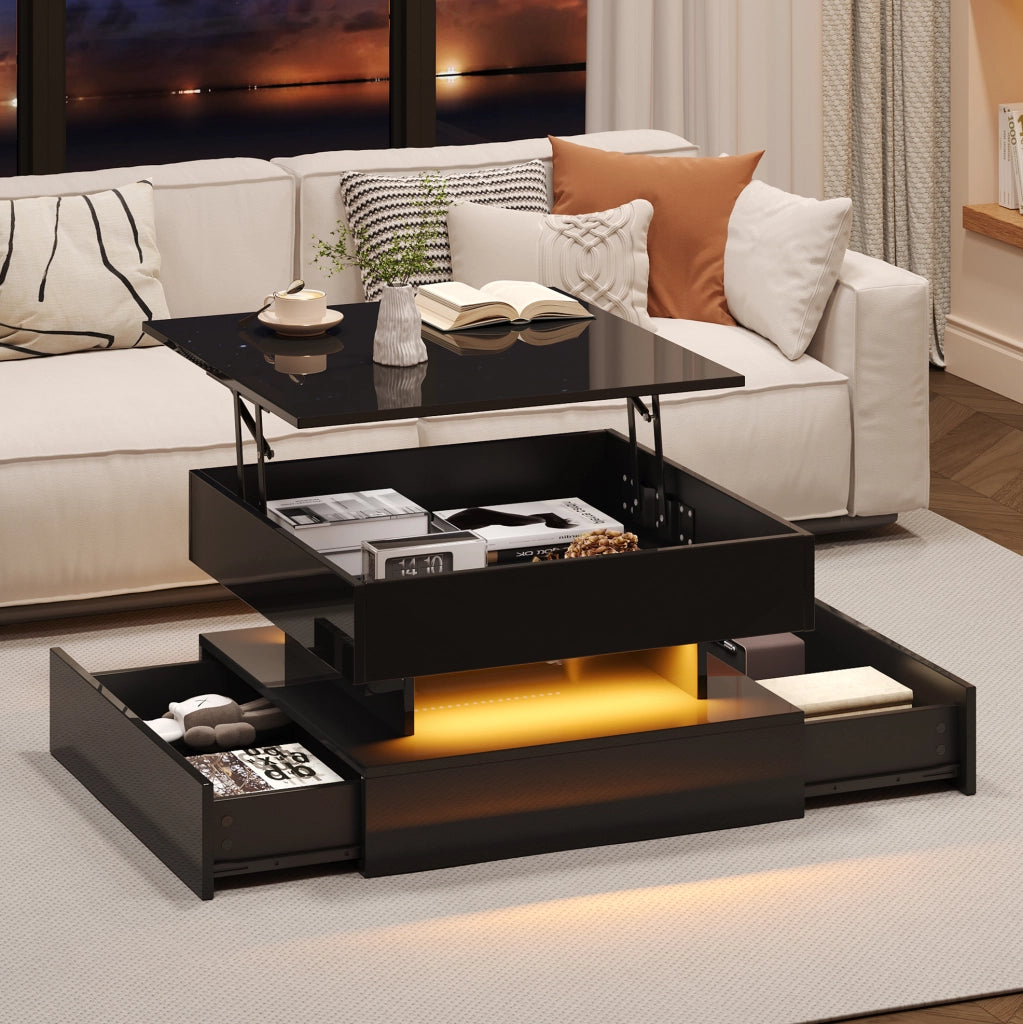Tavolino da caff猫 65x65x38.5 cm; piano sollevabile con 2 cassetti; pannello truciolare nero