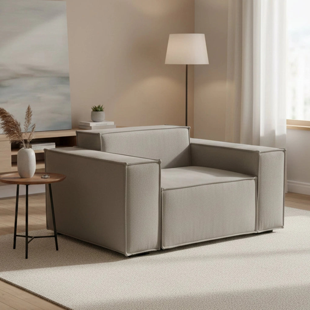 Poltrona Leonia, Poltrona da salotto, 100% Made in Italy, Poltroncina relax in tessuto imbottito, Cm 140x95h70, Tortora