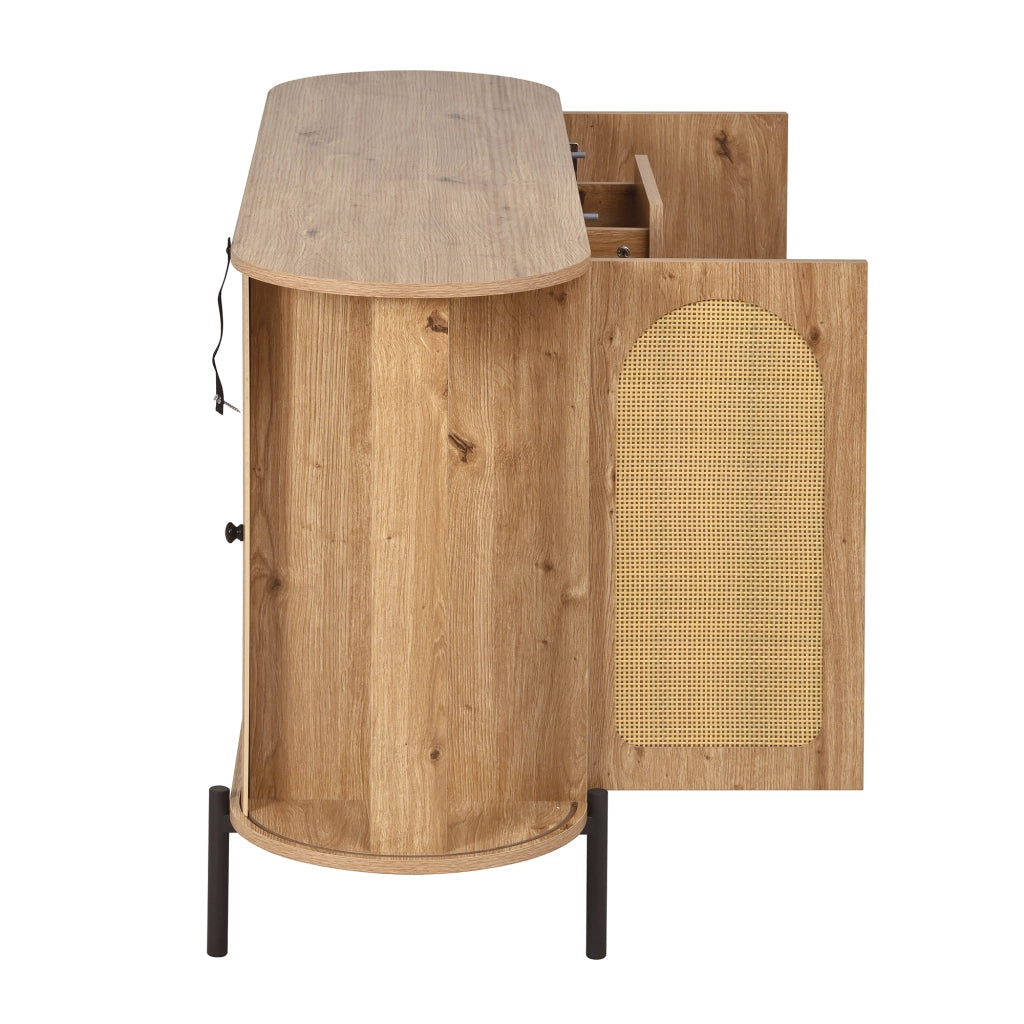 Credenza Ovale con Rattan ¨C Xylo ¨C Ante Scorrevoli, Cassetti, Ripiani, Effetto Legno, Gambe in Metallo