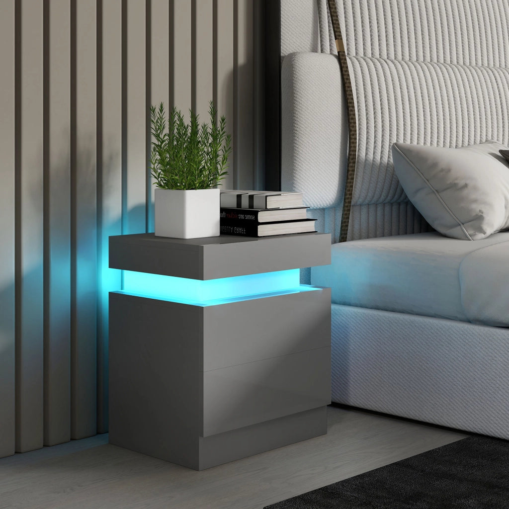 Comodino con LED e APP ¨C Xylo ¨C 2 cassetti grigio 45x35x52 cm