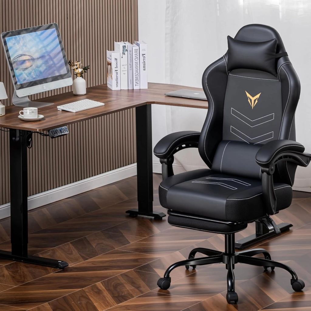 Sedia da gioco, ergonomica, con poggiapiedi, sedia da ufficio, regolabile in altezza, con cuscino lombare, sedia girevole in ecopelle nera