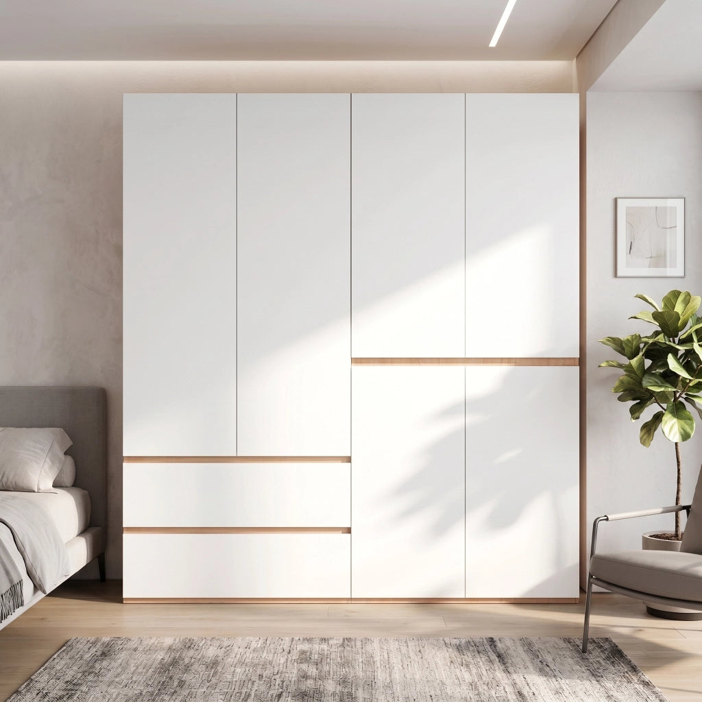 Armadio 6 ante con 2 appendiabiti e 5 cassetti in MDF e pannello truciolare bianco
