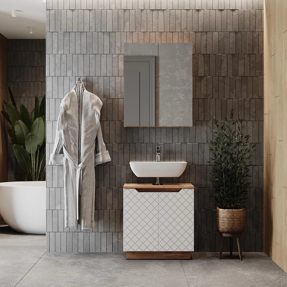 Set di mobili da bagno Lotta, Bianco, 59.8 cm, composto da specchio da bagno e mobile sottolavabo