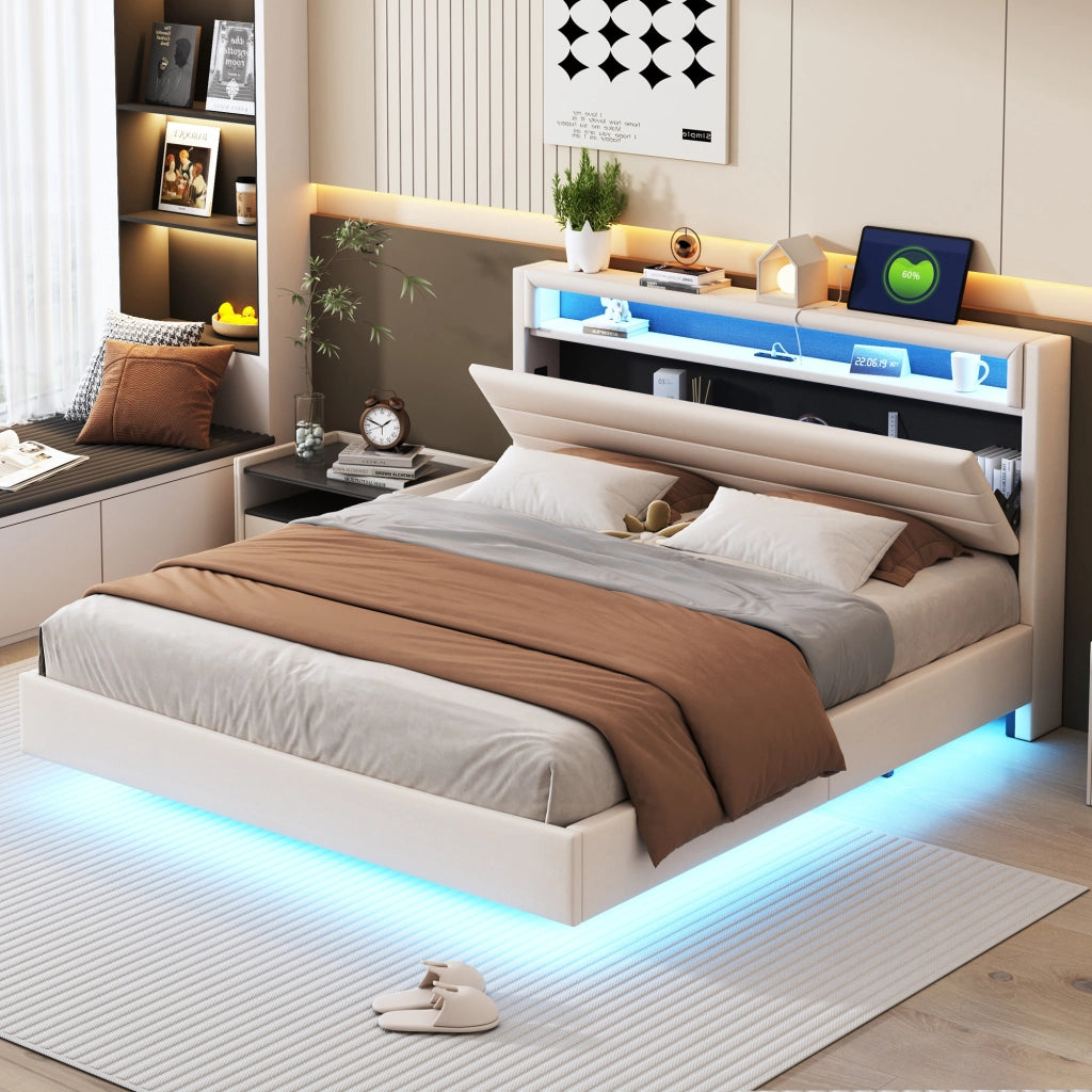 OKWISH Letto Imbottito 160×200 cm, Letto Matrimoniale con Presa USB, LED Regolabile e Testiera Reversibile, senza Materasso, Beige