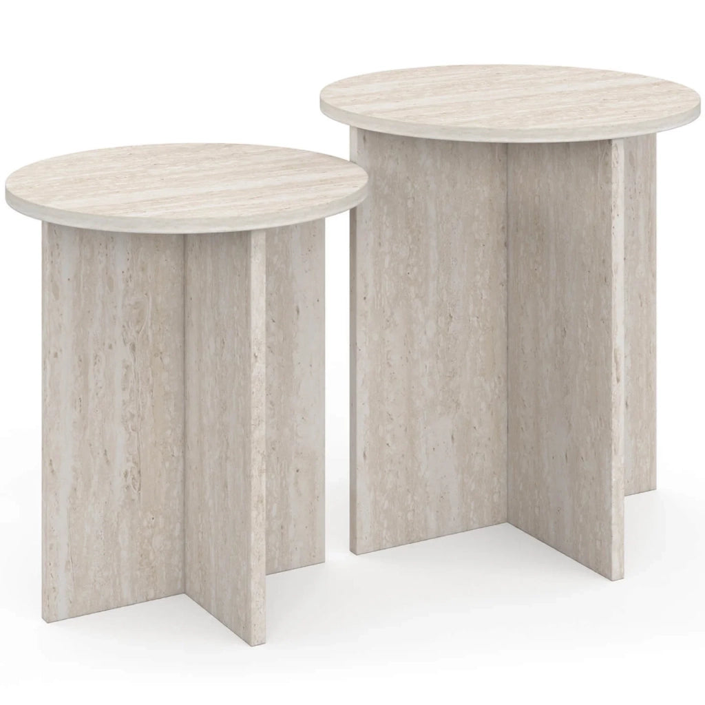 IDMarket - Set di 2 tavolini rotondi, tavolini da salotto, comodini MARTHE 35/40 cm in legno effetto travertino