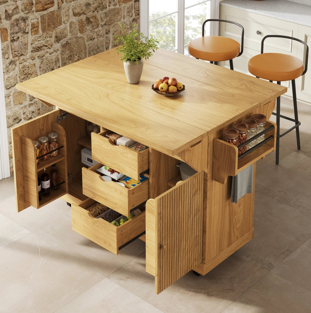 Isola da cucina mobile con piani ribaltabili, 3 cassetti, marrone