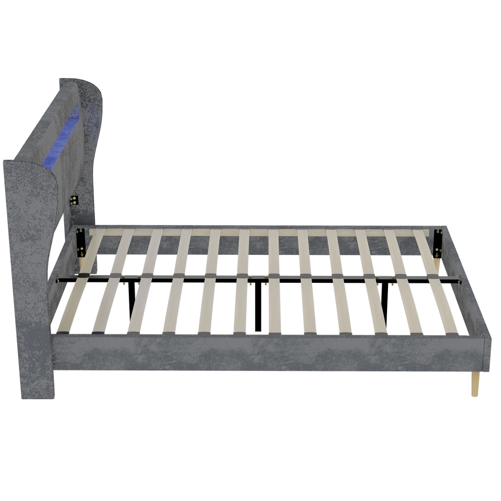 DESMIU Letto 140 × 200 cm 2 posti con LED regolabile e testiera regolabile, senza materasso, in tessuto, grigio