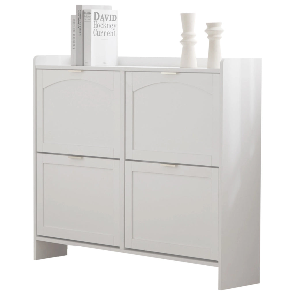 Scarpiera Moderna Bianca 110×24×90 cm con 4 Ante a Ribalta; Ripiani Aperti e Porta Scarpe da Ingresso