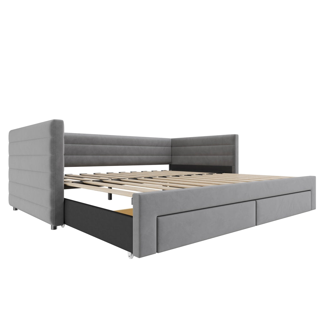 Letto imbottito 90x190 cm estraibile 3 in 1 con cassetti in cotone e lino grigio