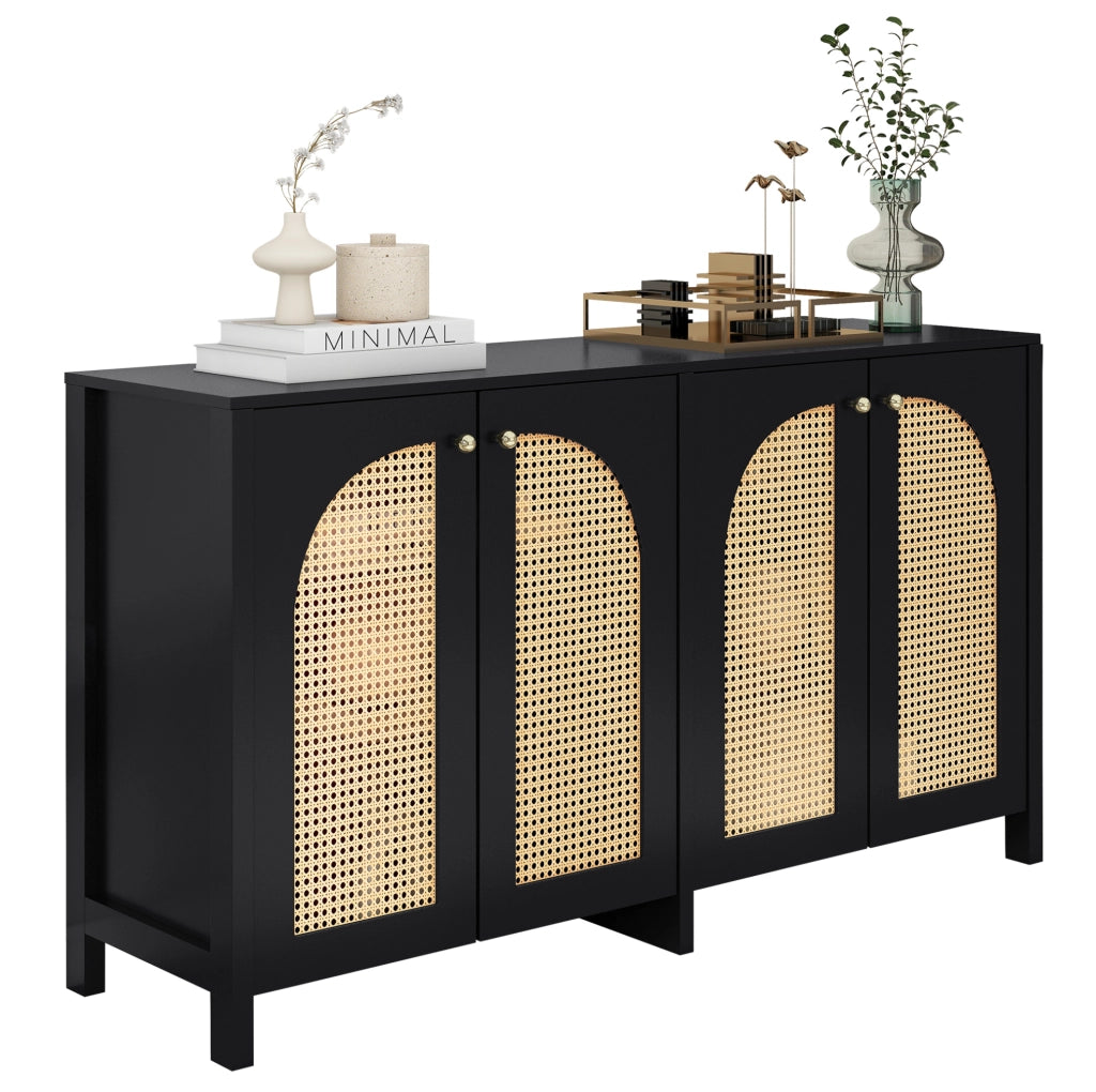 Credenza a 4 ante in MDF e rattan PE; nera