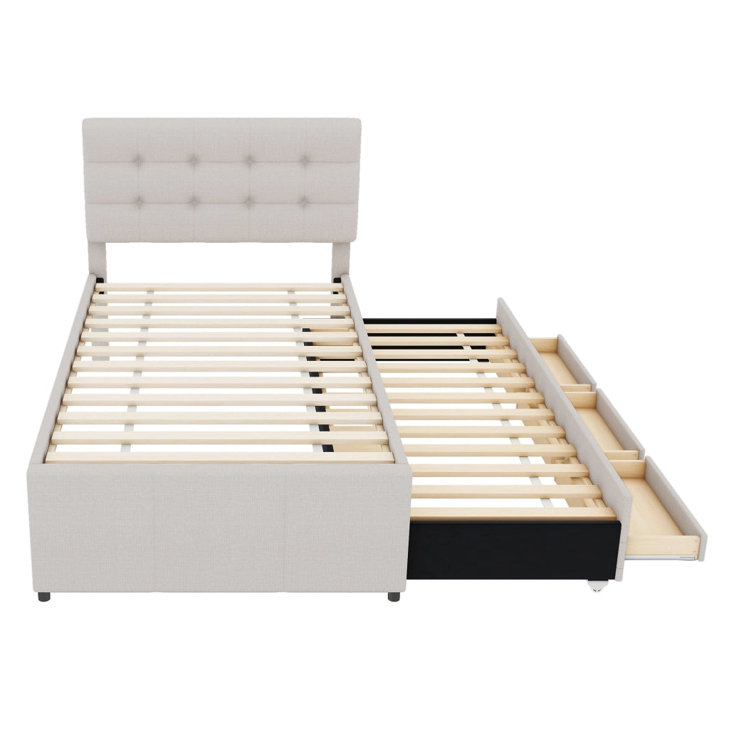 Letto Snido Imbottito 90x200cm con 3 cassetti e 90x190cm Roll Out in beige