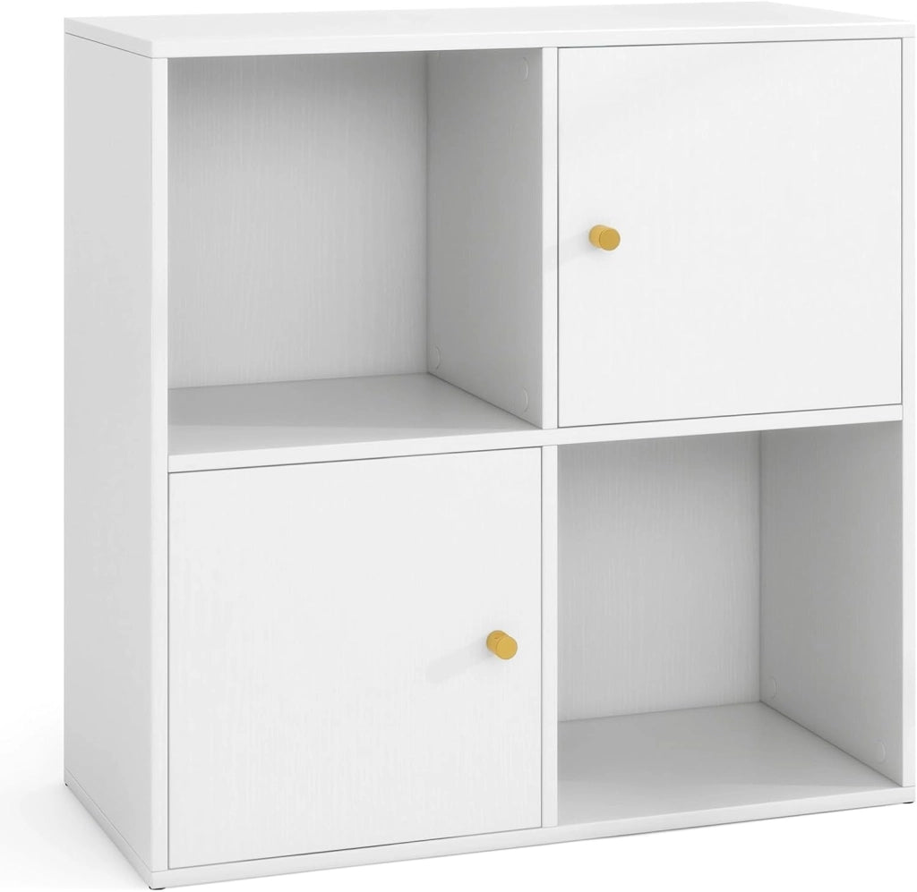 Scaffale per libri con 4 cubi, libreria a 2 livelli con porte, scomparti aperti, mobile ausiliario moderno, per soggiorno, studio, ufficio, 60 x 29 x 60 cm, bianco
