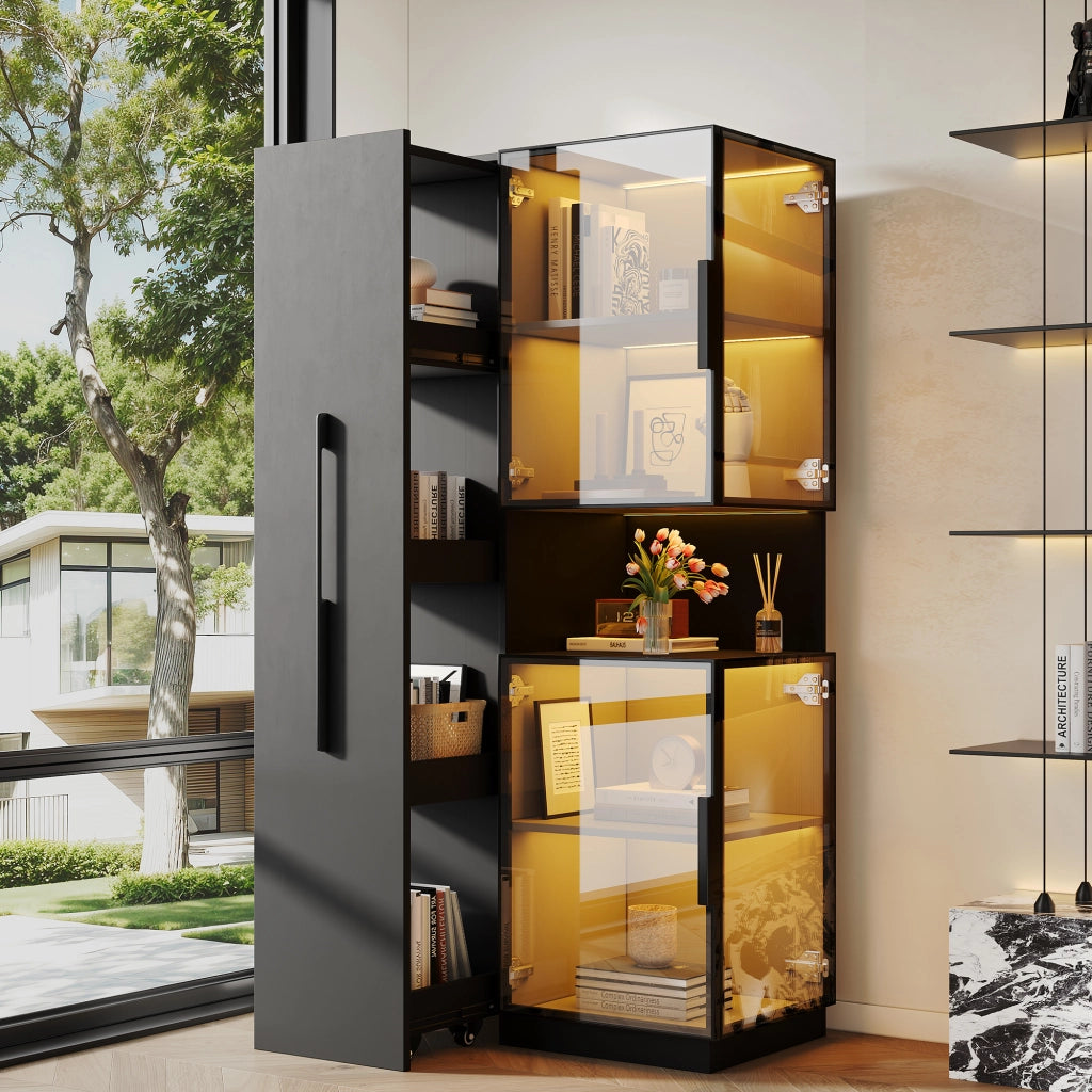 Vetrina in vetro 70×38×160 cm con ripiani estraibili, LED multicolore, MDF e vetro, colore nero