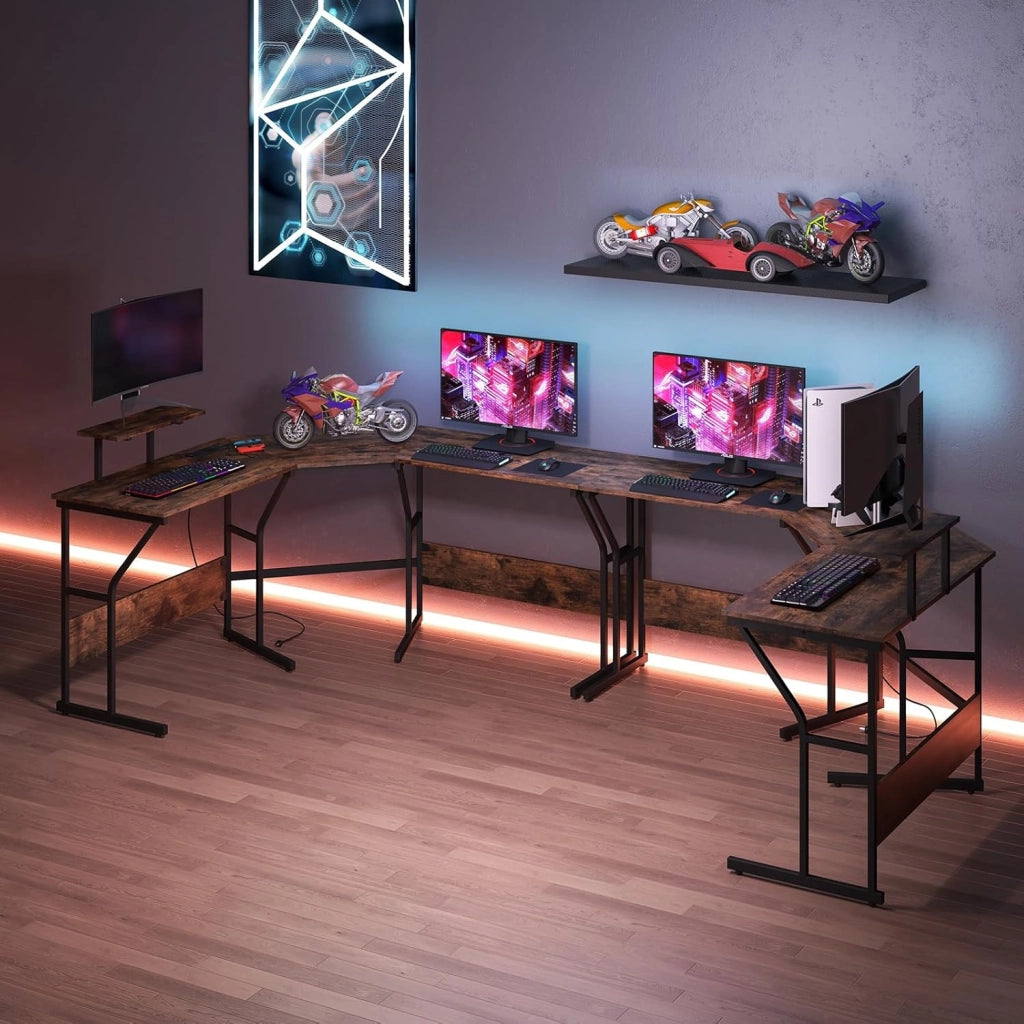 Scrivania ad Angolo a Forma di L con Presa Elettrica, Scrivania Angolare per Computer con Supporto Monitor Movibile, 225cm Postazione da Lavoro per 2 Persone per Lavoro e Gioco (Marrone)