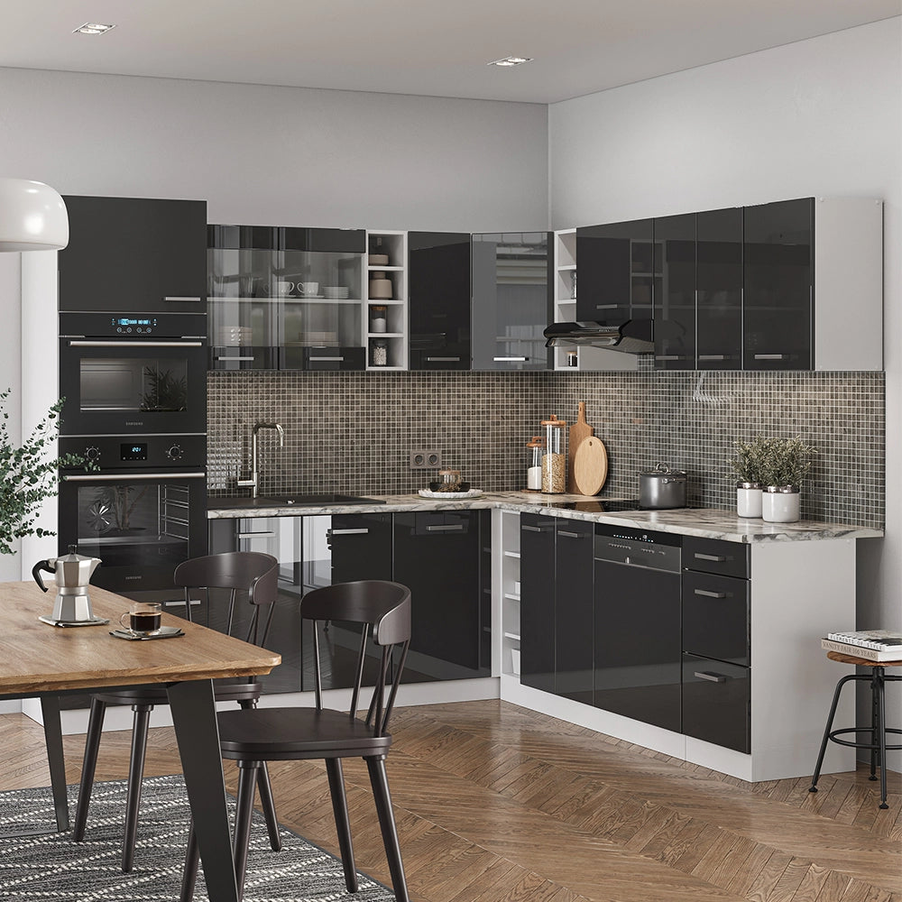 Cucina angolare completa R-Line Antracite lucido/Bianco 247 x 237 cm, PL Rovere Vicco