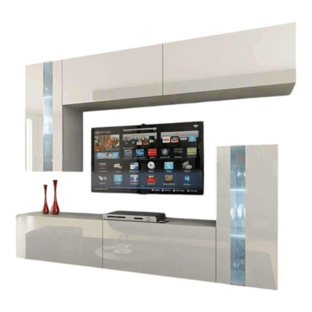 Set di mobili da salotto bianchi, sospesi collezione CEPTO XXX. 203cm, 6 pezzi, led, modulari.